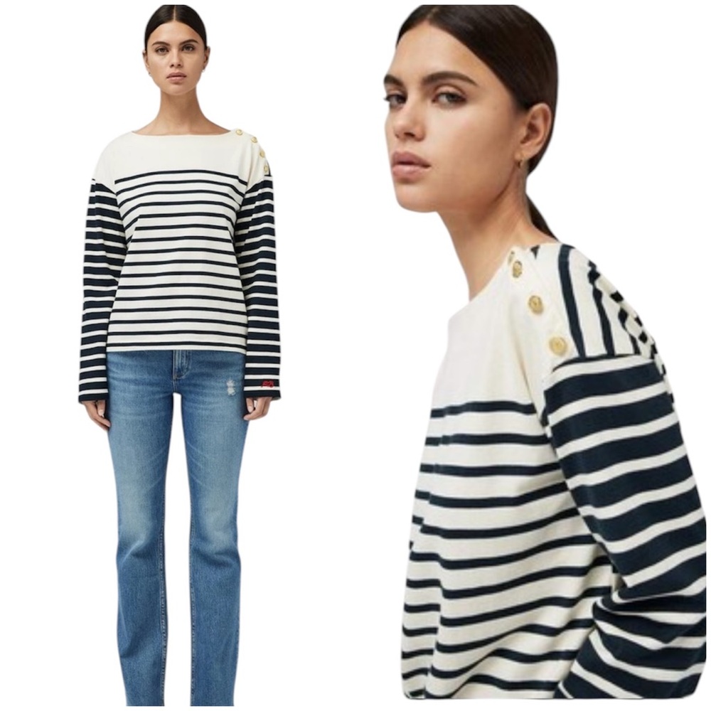 Rag & Bone Navy White Striped Nautical Bardot Long Sleeve T-shirt Medium